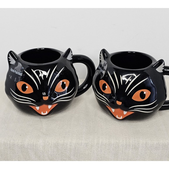 Black Cat Whimsy Mystic Hand Painted Sett Of 2 Coffee Mugs - Picture 3 of 5